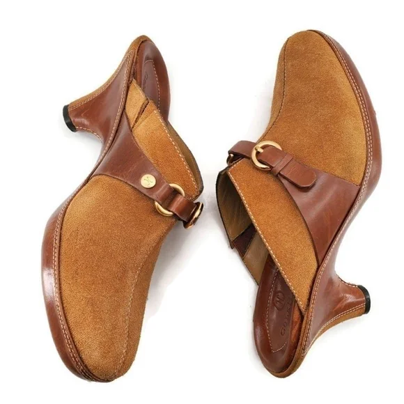 Cole Haan Tan Suede & Brown Leather Gold Buckle Strap Slide-On Mid Heel Mules - Picture 11 of 15
